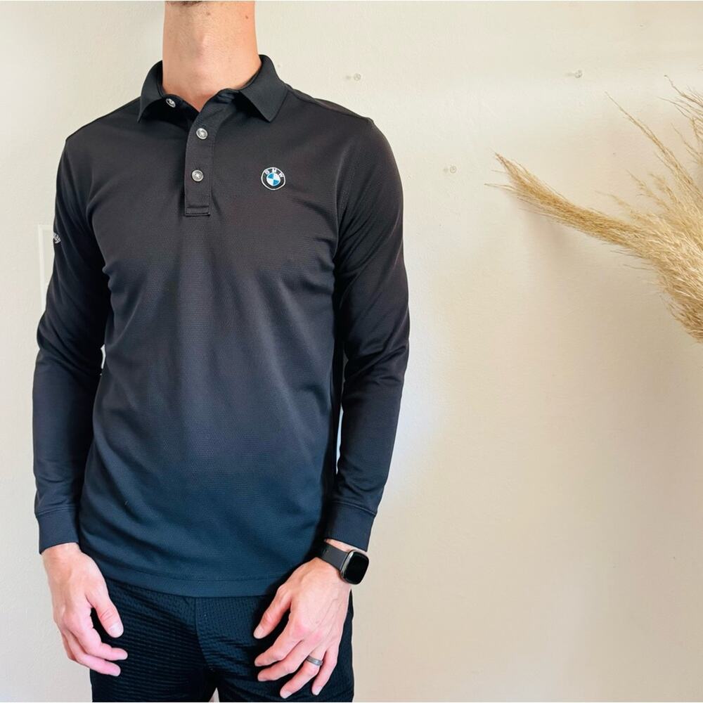MENS CALLAWAY X BMW Black Long Sleeve Logo Textured Golf Tennis Polo Shirt Top S